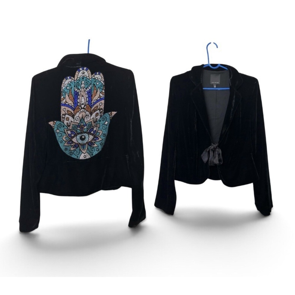 The Limited M Black Silk Velvet Hamsa Hand Jacket Whimsigoth Rhinestone Blazer